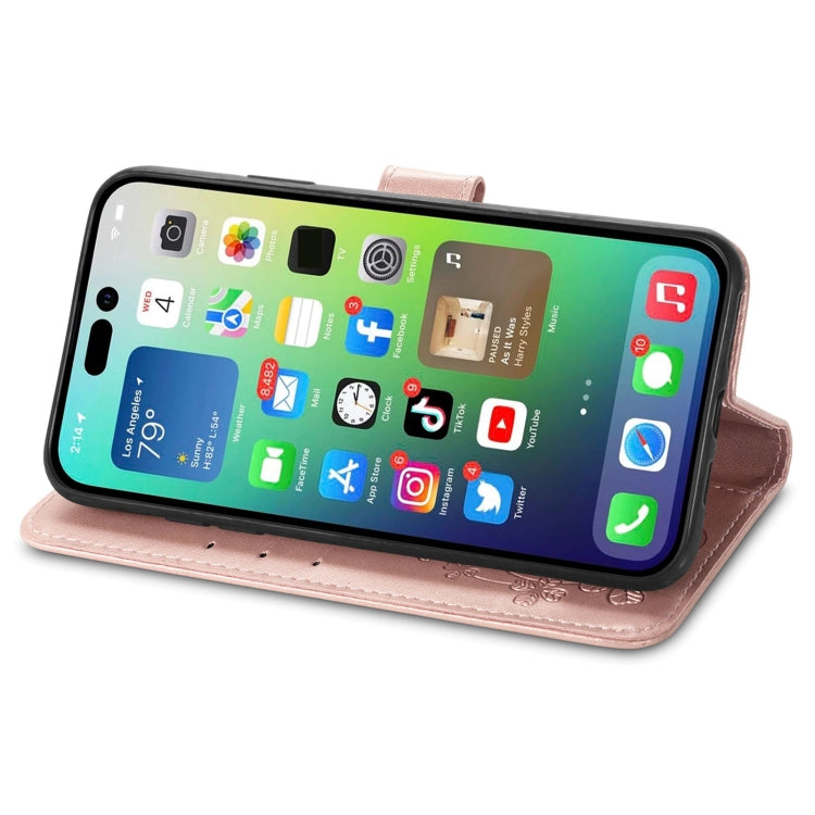 For iPhone 15 Pro Max Four-leaf Clasp Embossed Buckle Leather Phone Case(Rose Gold) - iPhone 15 Pro Max Cases by PMC TechLife | Online Shopping South Africa | PMC TechLife