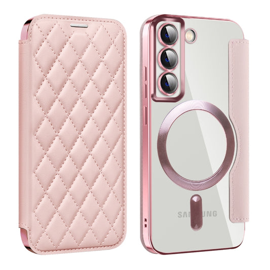 For Samsung Galaxy S22 5G Shield Magsafe RFID Anti-theft Rhombus Leather Phone Case(Pink) - Galaxy S22 5G Cases by PMC Jewellery | Online Shopping South Africa | PMC Jewellery