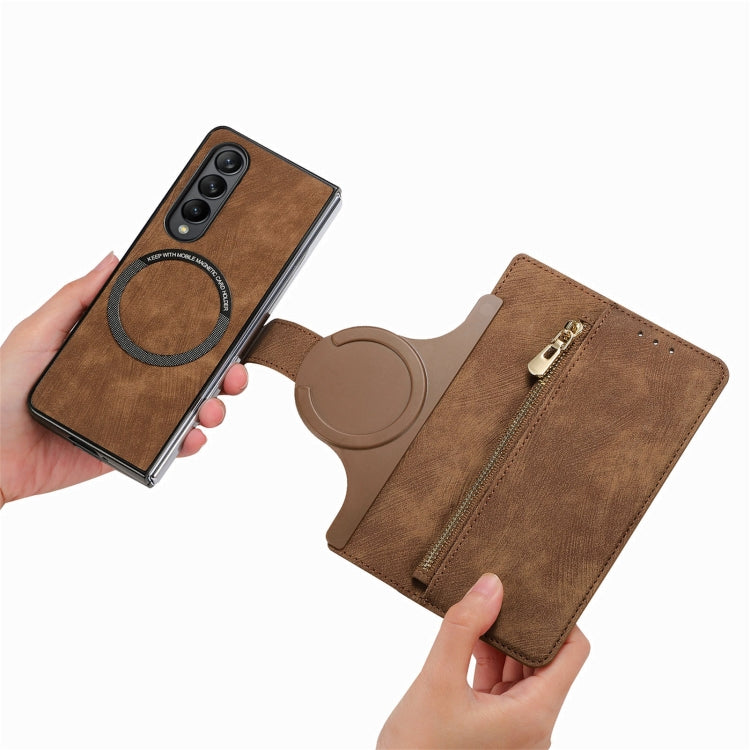 For Samsung Galaxy Z Fold4 Retro MagSafe Magnetic Zipper Wallet Leather Phone Case(Brown) - Galaxy Z Fold4 5G Cases by PMC Jewellery | Online Shopping South Africa | PMC Jewellery