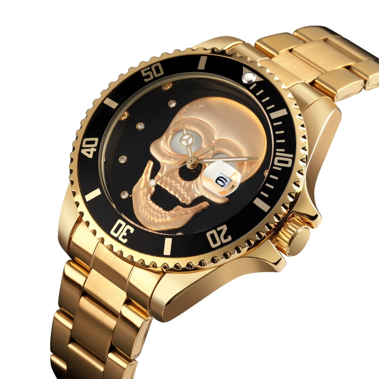 SKMEI 9195 Fashion Water-inlaid Drill Skull Nightlight Waterproof Quartz Watch Steel Strip Watch for Men(Golden Black) - Other Watches by SKMEI | Online Shopping South Africa | PMC Jewellery | Buy Now Pay Later Mobicred