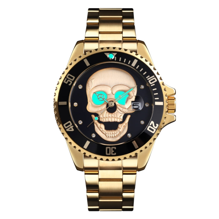 SKMEI 9195 Fashion Water-inlaid Drill Skull Nightlight Waterproof Quartz Watch Steel Strip Watch for Men(Golden Black) - Other Watches by SKMEI | Online Shopping South Africa | PMC Jewellery | Buy Now Pay Later Mobicred