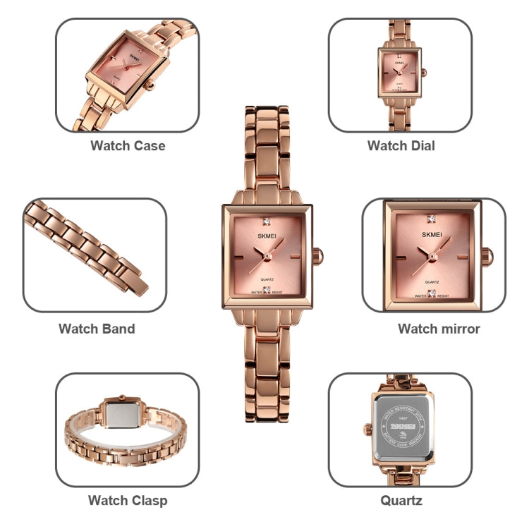 SKMEI 1407 Business Fashion Watch with Diamonds Delicate and Elegant Square Zinc Alloy Quartz Watch for Women Rose Gold - Alloy Watches by SKMEI | Online Shopping South Africa | PMC Jewellery | Buy Now Pay Later Mobicred