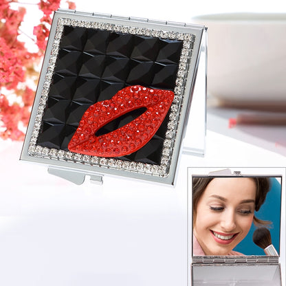 Handmade Diamond Mini Makeup Mirror Portable Double-sided Small Mirror Ruby Red Lips(Black) - Mirror by PMC Jewellery | Online Shopping South Africa | PMC Jewellery