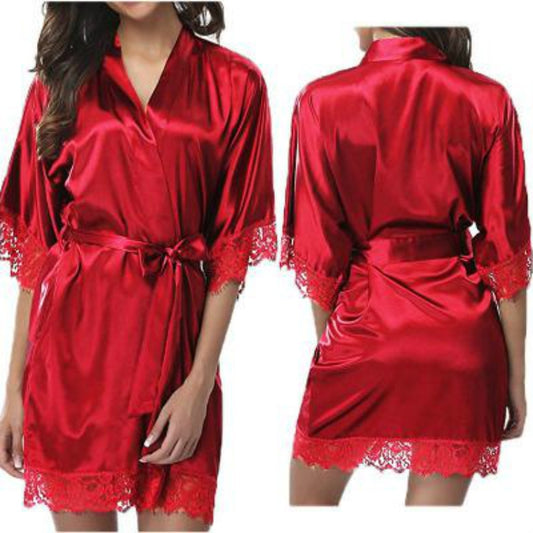 Half Sleeve Robe Women Faux Silk Pajama Sexy Night Dress, Size:XL(Red) - Pajamas & Bathrobe by PMC Jewellery | Online Shopping South Africa | PMC Jewellery