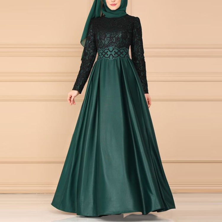 Lace Stitching Retro Large Swing Dress Ethnic Style Long-Sleeved Slim Dress, Size:XXL(Dark Green) - Dress by PMC Jewellery | Online Shopping South Africa | PMC Jewellery
