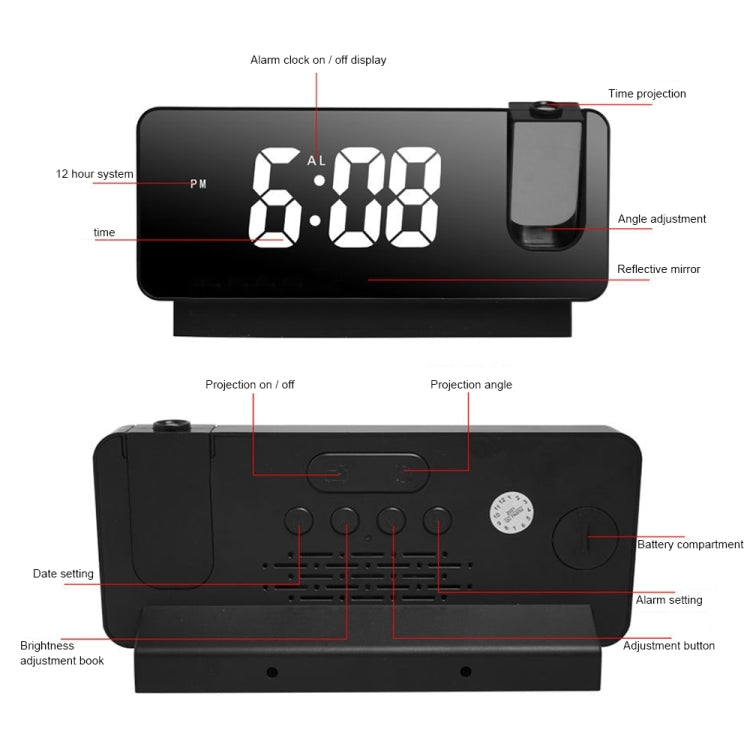 S282 Colorful Font Mute Electronic Digital Clock Mirror Projection Alarm Clock(Black Shell) - Alarm Clocks by PMC Jewellery | Online Shopping South Africa | PMC Jewellery