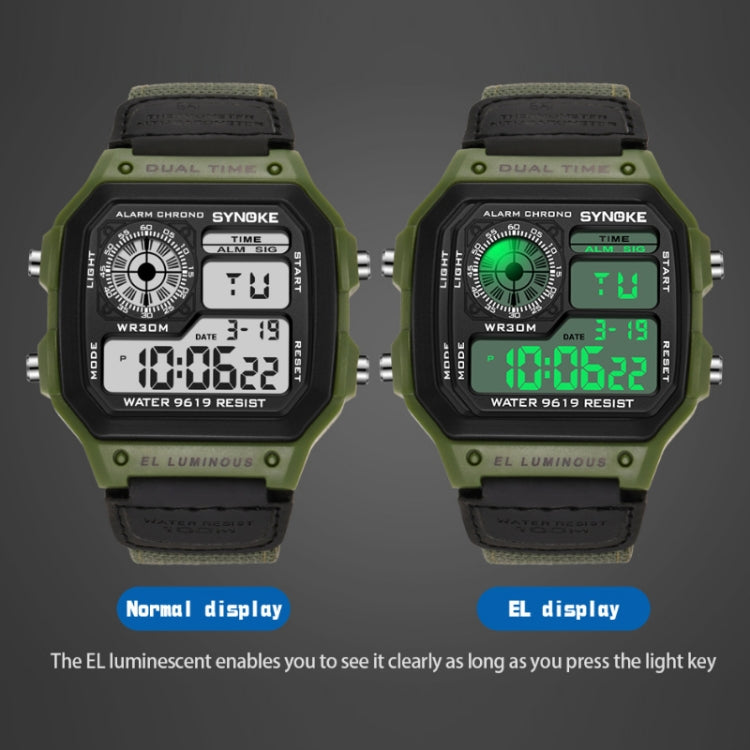 SYNOKE 9619B Nylon Canvas Strap Luminous Waterproof Digital Watch(Green Head Black Belt) - LED Digital Watches by SYNOKE | Online Shopping South Africa | PMC Jewellery | Buy Now Pay Later Mobicred