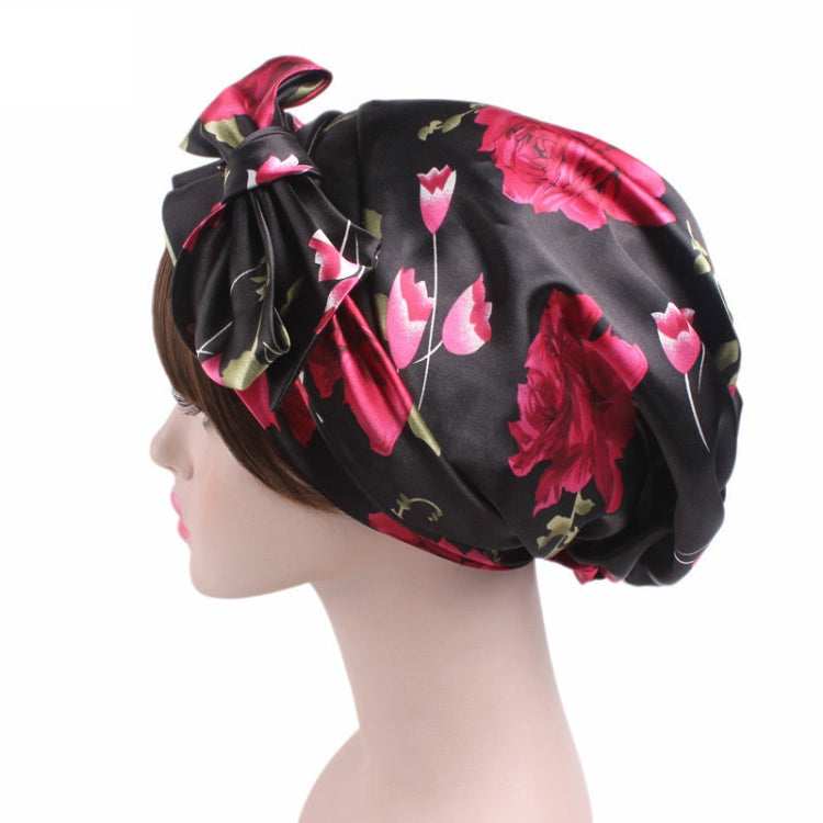 TJM-226 Ladies Satin Print Ribbon Bow Turban Hat Night Cap Silk Chemotherapy Hat Long Tail Braid Hat(Red Wine) - Hair Care Caps by PMC Jewellery | Online Shopping South Africa | PMC Jewellery