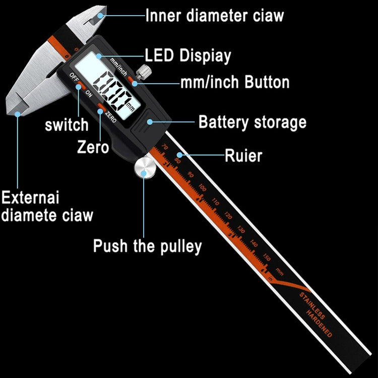 0-150mm Plastic Meter Stainless Steel Body Digital Display Electronic High-Precision Vernier Caliper, Specification: 2 Units of mm/inch - Measuring Tools by PMC Jewellery | Online Shopping South Africa | PMC Jewellery