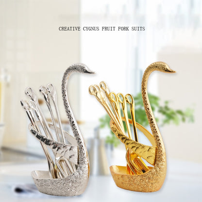 Swan Fruit Fork And Spoon Set Dessert Fork Fruit Fork Rack Tableware Wedding Gift, Colour: Silver Stripe With 6 Spoons - Cutlery Sets by PMC Jewellery | Online Shopping South Africa | PMC Jewellery