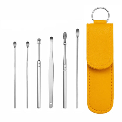 5 Sets 6 In 1 Stainless Steel Spring Spiral Portable Ear Pick, Specification: Yellow Leather Case - Ear Care Tools by PMC Jewellery | Online Shopping South Africa | PMC Jewellery