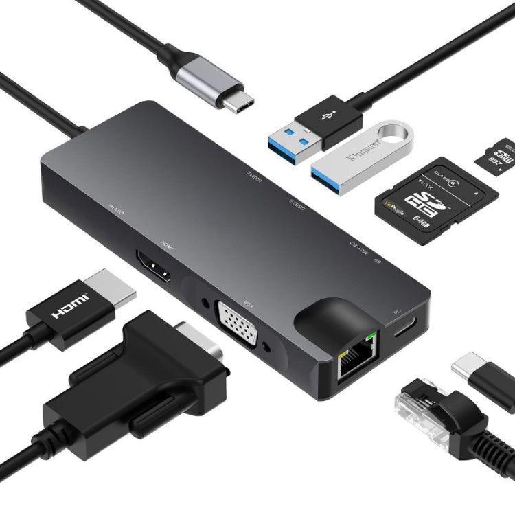 8 In 1 Type-C To HDMI+VAG Gigabit RJ45+USB3.0 Docking Station(Gray) - USB HUB by PMC Jewellery | Online Shopping South Africa | PMC Jewellery