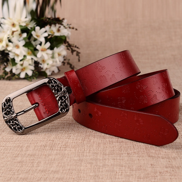 ZK--067 Retro Engraved Buckle Butterfly Print Pin Buckle Leather Belt, Length: 110cm(Red) - Belts by PMC Jewellery | Online Shopping South Africa | PMC Jewellery