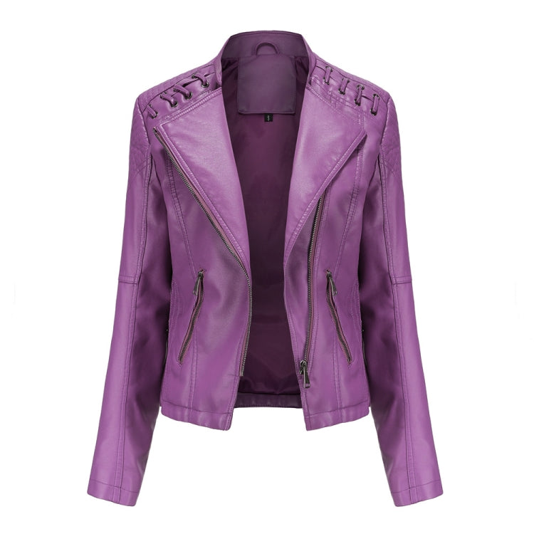 Women Short Leather Jacket Slim Jacket Motorcycle Suit, Size: S(Violet) - Jacket & Loose Coat by PMC Jewellery | Online Shopping South Africa | PMC Jewellery