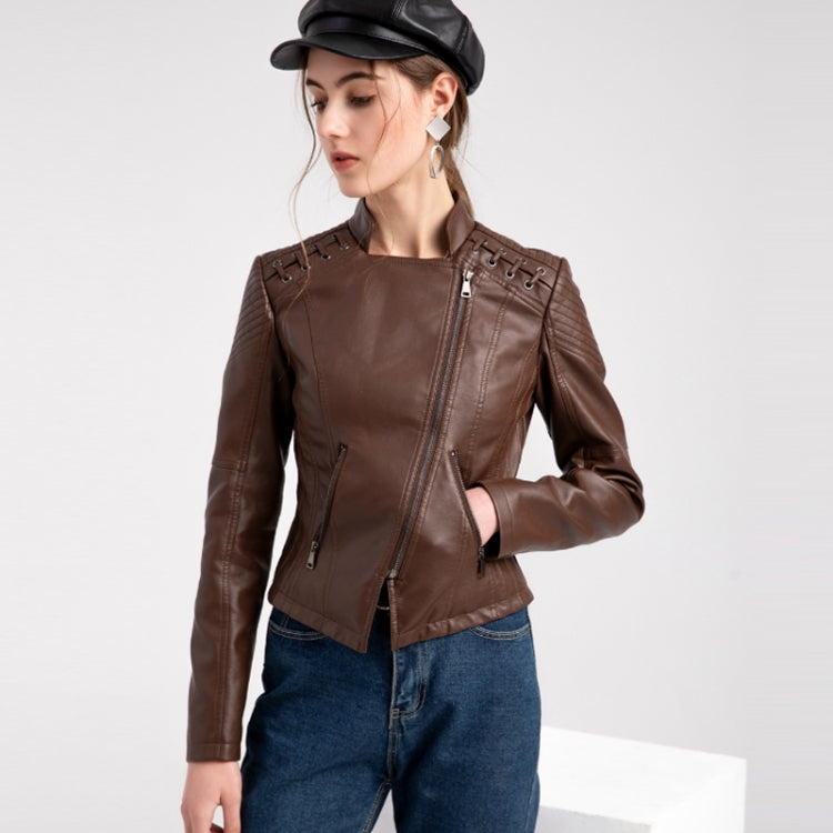 Women Short Leather Jacket Slim Jacket Motorcycle Suit, Size: M(Coffee) - Jacket & Loose Coat by PMC Jewellery | Online Shopping South Africa | PMC Jewellery