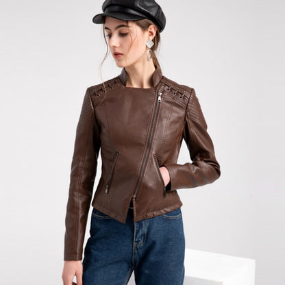 Women Short Leather Jacket Slim Jacket Motorcycle Suit, Size: S(Camel) - Jacket & Loose Coat by PMC Jewellery | Online Shopping South Africa | PMC Jewellery