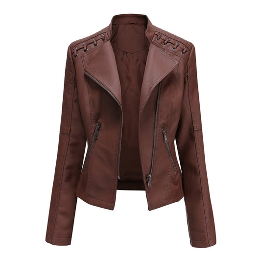Women Short Leather Jacket Slim Jacket Motorcycle Suit, Size: M(Coffee) - Jacket & Loose Coat by PMC Jewellery | Online Shopping South Africa | PMC Jewellery