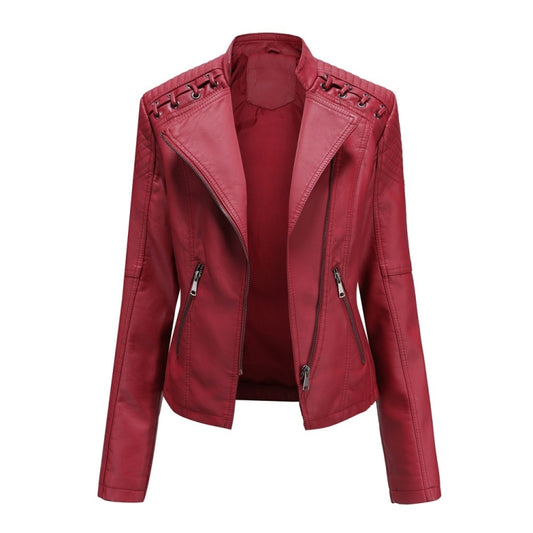 Women Short Leather Jacket Slim Jacket Motorcycle Suit, Size: M(Red) - Jacket & Loose Coat by PMC Jewellery | Online Shopping South Africa | PMC Jewellery