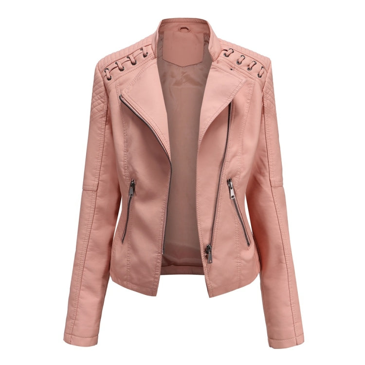 Women Short Leather Jacket Slim Jacket Motorcycle Suit, Size: XXXXL(Pink) - Jacket & Loose Coat by PMC Jewellery | Online Shopping South Africa | PMC Jewellery