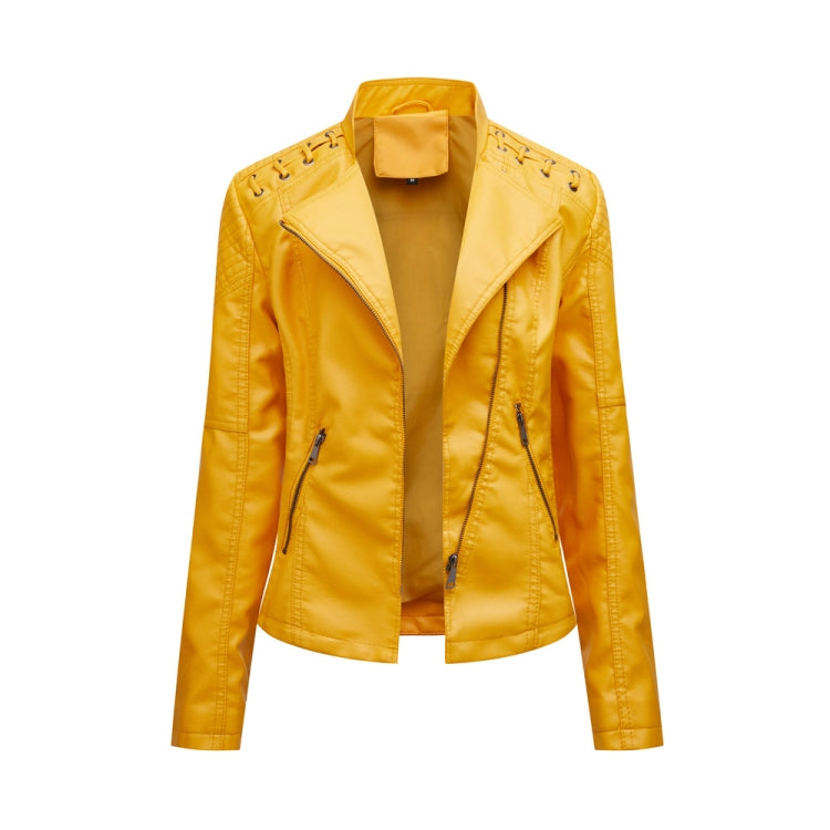 Women Short Leather Jacket Slim Jacket Motorcycle Suit, Size: XXXXL(Lemon Yellow) - Jacket & Loose Coat by PMC Jewellery | Online Shopping South Africa | PMC Jewellery