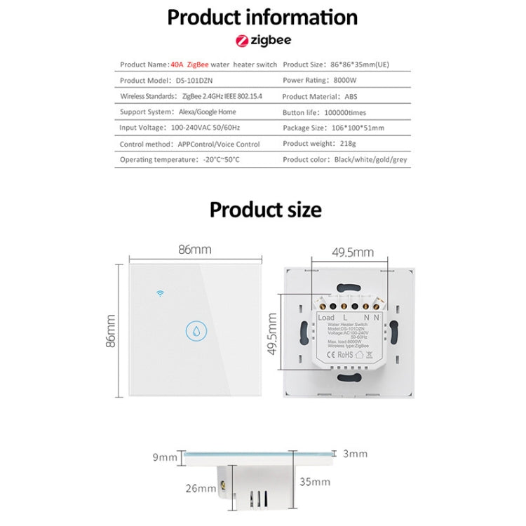 Tuya ZigBee 40A Smart High Power Water Heater Light Air Conditioner Switch Time Voice Remote Control(Black) - Smart Switch by PMC TechLife | Online Shopping South Africa | PMC TechLife