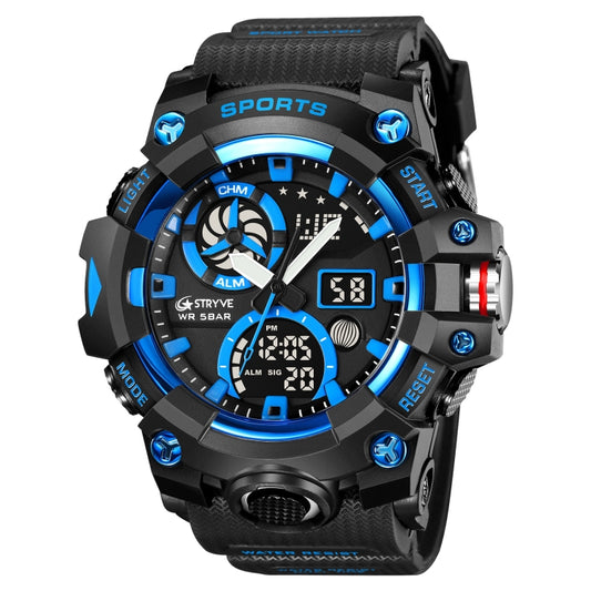 STRYVE S8027 Sports Multifunctional Luminous Dual Display Chronograph Student Watch(Black Blue) - Leather Strap Watches by STRYVE | Online Shopping South Africa | PMC Jewellery