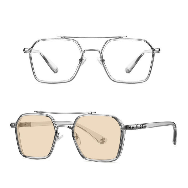 A5 Double Beam Polarized Color Changing Myopic Glasses, Lens: -200 Degrees Change Tea Color(Gray Silver Frame) - Plain Glass Spectacles by PMC Jewellery | Online Shopping South Africa | PMC Jewellery