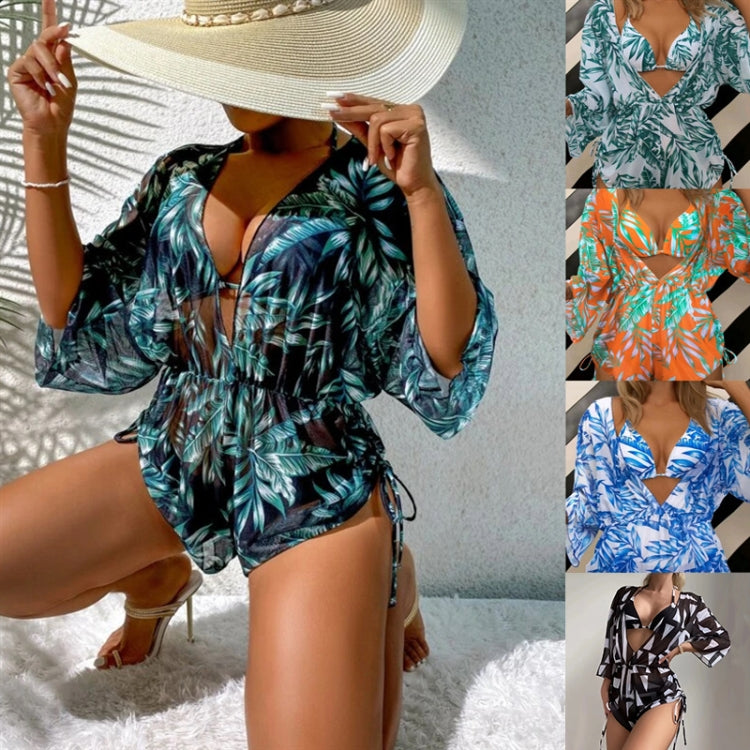 Leaf-print Waist Lace-up Three-Piece Bikini Set Long-sleeved Beach Sun Protection Swimsuit, Size: L(Orange) - Swimwear by PMC Jewellery | Online Shopping South Africa | PMC Jewellery