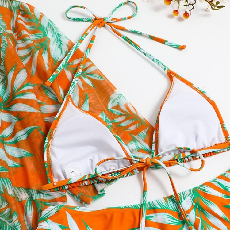 Leaf-print Waist Lace-up Three-Piece Bikini Set Long-sleeved Beach Sun Protection Swimsuit, Size: M(Light Leaf) - Swimwear by PMC Jewellery | Online Shopping South Africa | PMC Jewellery