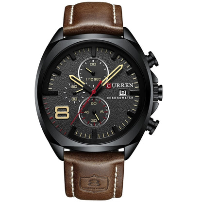 Curren 8324 Six-hand Leather Strap Waterproof Men Watch With Calendar, Color: Black Shell Khaki - Leather Strap Watches by Curren | Online Shopping South Africa | PMC Jewellery | Buy Now Pay Later Mobicred