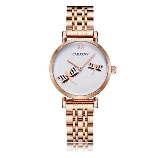 CAGARNY 6880 Fashion Life Waterproof Dragonfly White Background Gold Steel Band Quartz Watch - Metal Strap Watches by CAGARNY | Online Shopping South Africa | PMC Jewellery | Buy Now Pay Later Mobicred