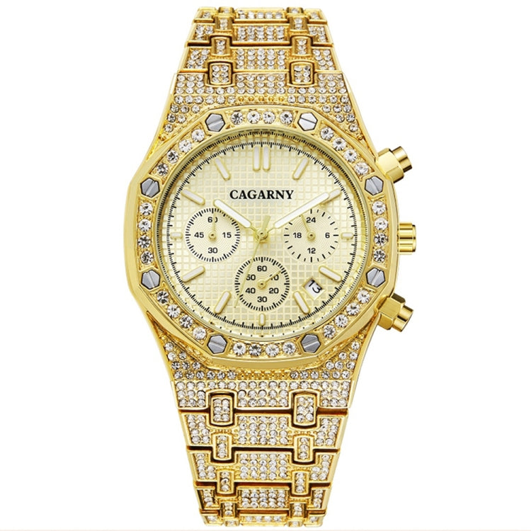 CAGARNY 6881 Diamond-studded Six-needles Guartz Dual Movement Watch Men Stainless Steel Strap Watch (Gold Shell Gold Dial) - Metal Strap Watches by CAGARNY | Online Shopping South Africa | PMC Jewellery | Buy Now Pay Later Mobicred