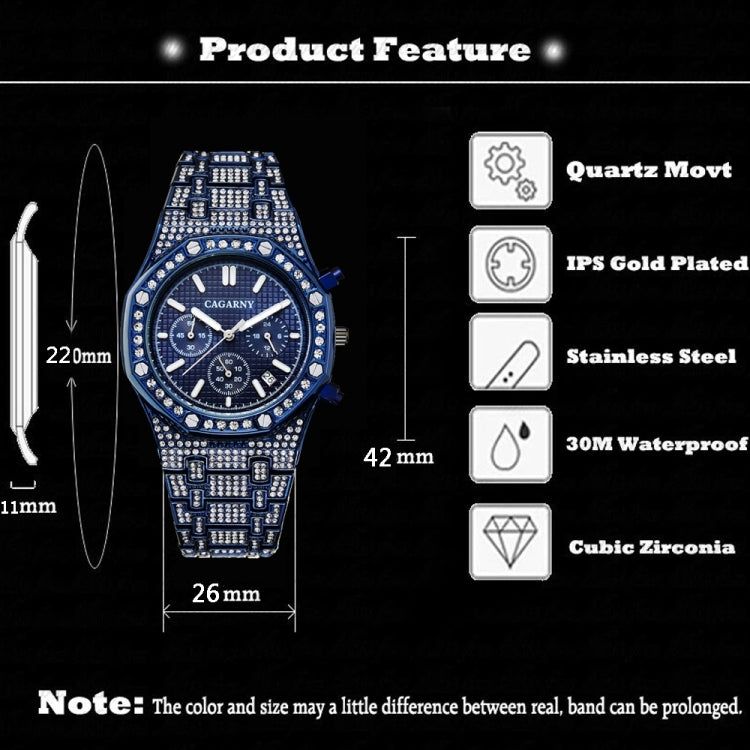 CAGARNY 6881 Diamond-studded Six-needles Guartz Dual Movement Watch Men Stainless Steel Strap Watch (Blue Shell Blue Dial) - Metal Strap Watches by CAGARNY | Online Shopping South Africa | PMC Jewellery | Buy Now Pay Later Mobicred