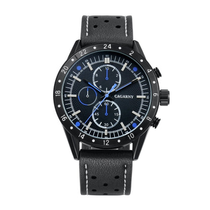 CAGARNY 6828 Fashionable Multifunctional Quartz Sport Wrist Watch with Leather Band & GMT Time & Calendar & Luminous Display for Men(Black Window Blue Needle) - Leather Strap Watches by CAGARNY | Online Shopping South Africa | PMC Jewellery | Buy Now Pay Later Mobicred