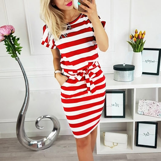 Slim-fit Waist Slimming Round Neck Striped Belt Dress (Color:Thick Red Size:S) - Dress by PMC Jewellery | Online Shopping South Africa | PMC Jewellery