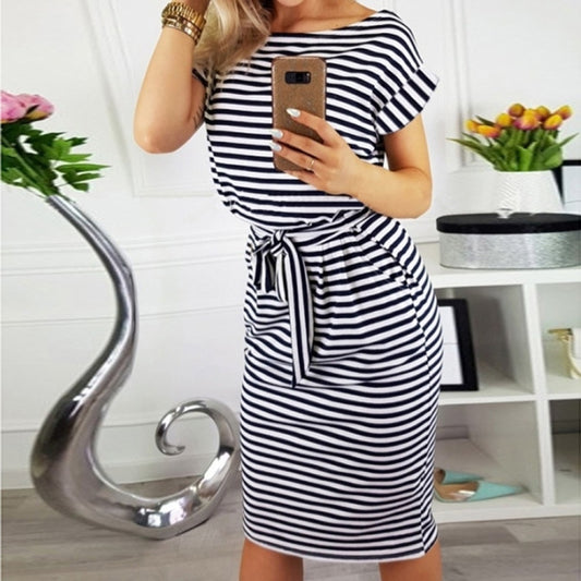 Slim-fit Waist Slimming Round Neck Striped Belt Dress (Color:Pinstripe Black Size:XXL) - Dress by PMC Jewellery | Online Shopping South Africa | PMC Jewellery